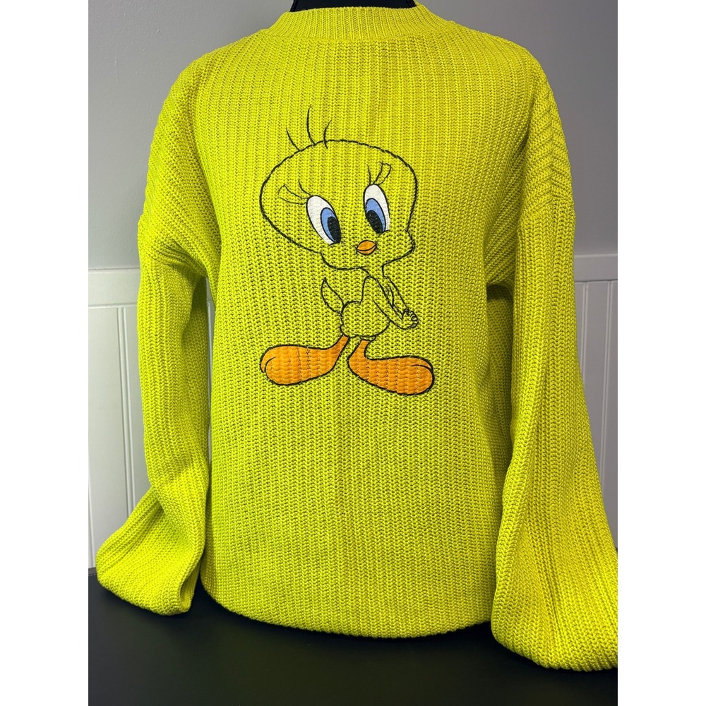 Love Your Melon Tweety Bird Looney Tunes Neon Yellow Ribbed Knit Sweater XS